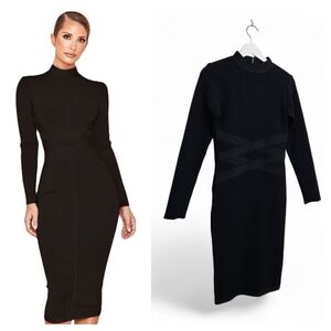 Bebe Black Long Sleeve Midi Bandage Dress Bodycon Y2K Cocktail M/L